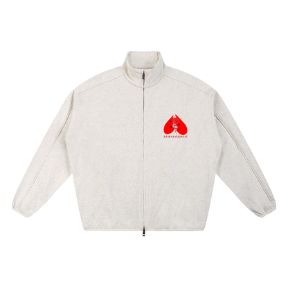 Light gray jacket with a red logo on a white background